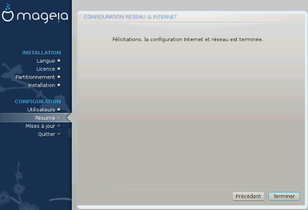 Fin de la configuration Internet et réseau