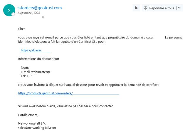 RapidSSL Lien pour confirmer la commande