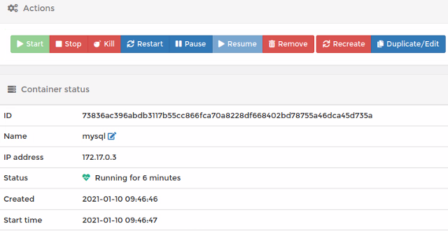 portainer.io Containers Actions