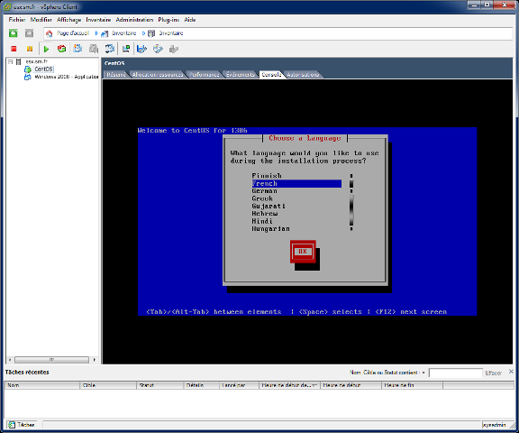 CentOS - Fenêtre choix de la langue