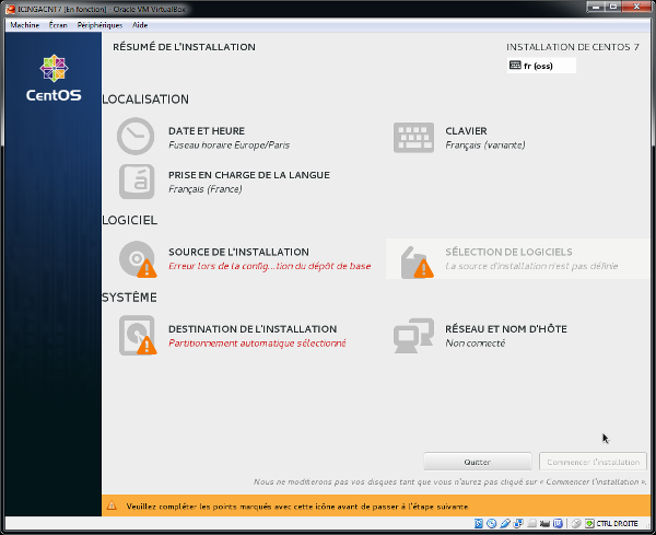 Fenêtre Installation de CentOS 7