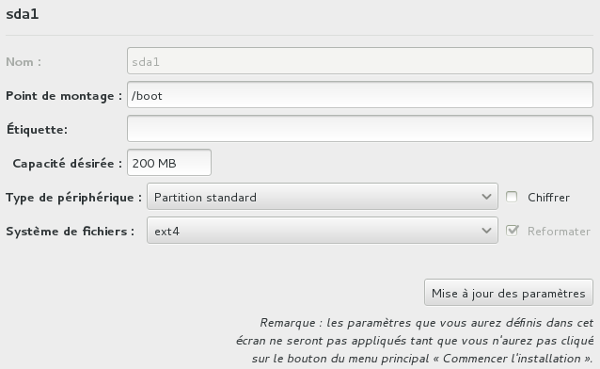 Fenêtre Disk sda1 [/boot]