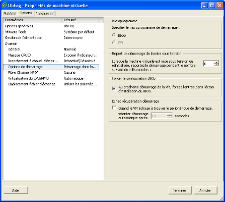 Options de démarrage de la VM