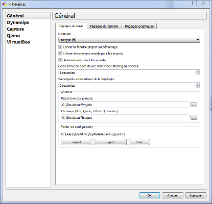 GNS3 - Préférences - Général
