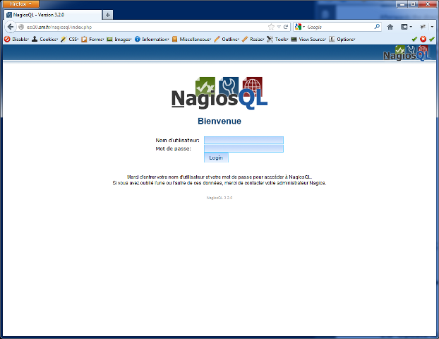 NagiosQL - Ecran de connexion