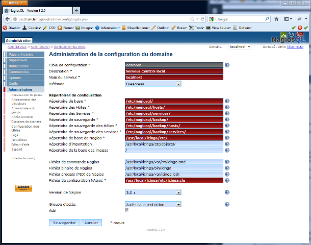 NagiosQL - Administration de la configuration du domaine localhost