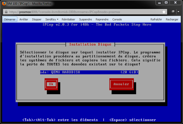 IPCop - Fenêtre Installation du Disque (1)