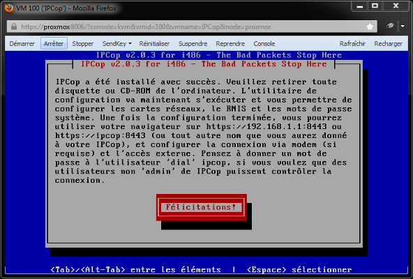 IPCop - Fenêtre Félicitations!