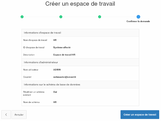 APEX Créer un Espace de travail Confirmation