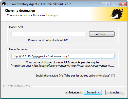 Agent FusionInventory Destination des résultats