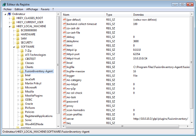 Clé HKEY_LOCAL_MACHINE\SOFTWARE\FusionInventory-Agent