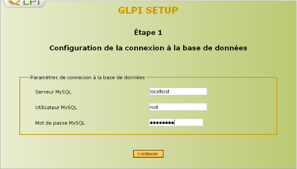 GLPI SETUP Étape 1 Connexion à la base de données