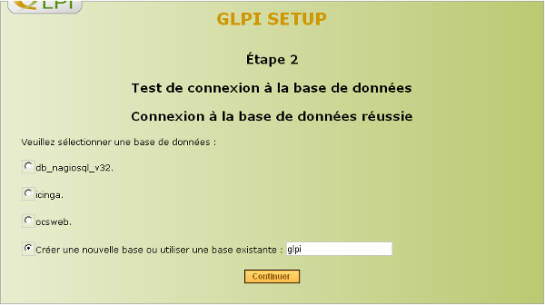 GLPI SETUP Étape 2 Créer une nouvelle base