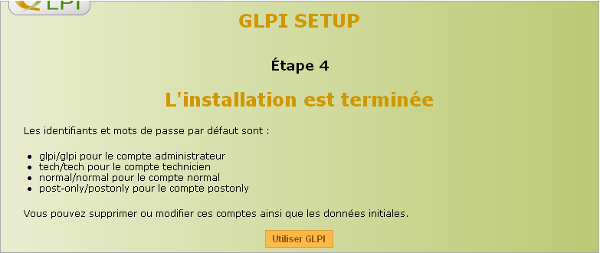 GLPI SETUP Étape 4 Identifiants et mots de pase par défaut