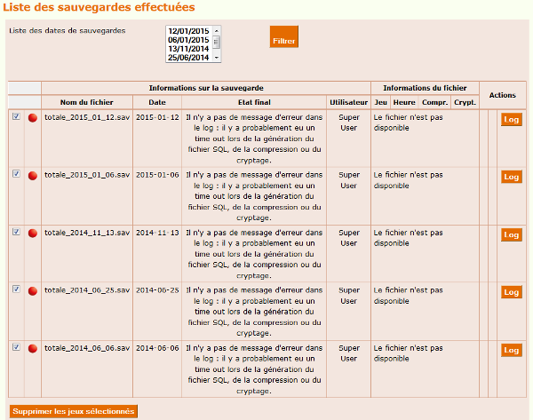 PMB Liste des sauvegardes effectuées