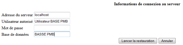 PMB Restauration informations de connexion