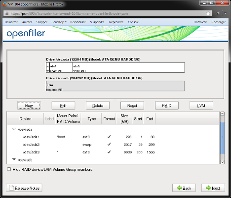 Openfiler - Partitionnement de [sda]