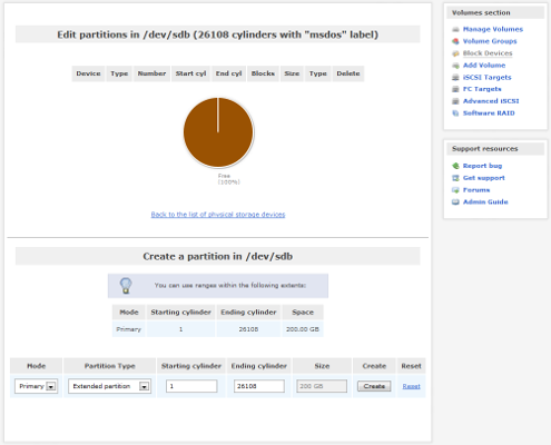 Openfiler - Create a partition in /dev/sdb