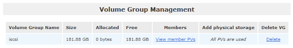 Openfiler - Volume Group Management list
