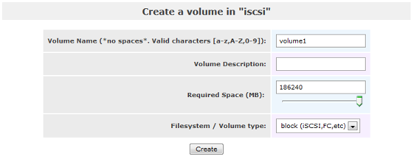 Openfiler - Create a volume in [iscsi]