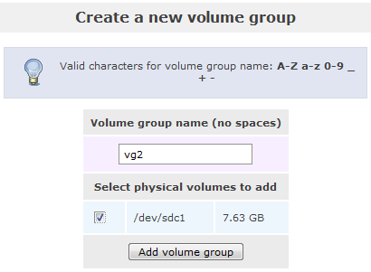 Openfiler Create new volume group