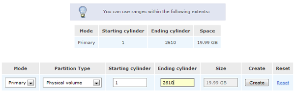 Openfiler Create partition in /dev/sde