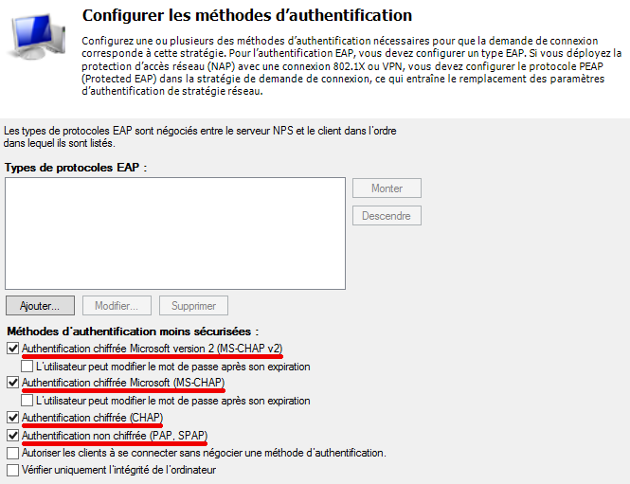 NPS Statégie réseau Méthodes d'authentification