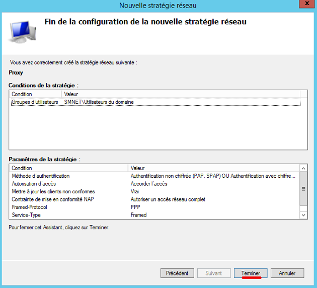 NPS Statégie réseau Fin de configuration