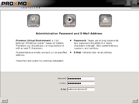 Fenêtre Administration Password