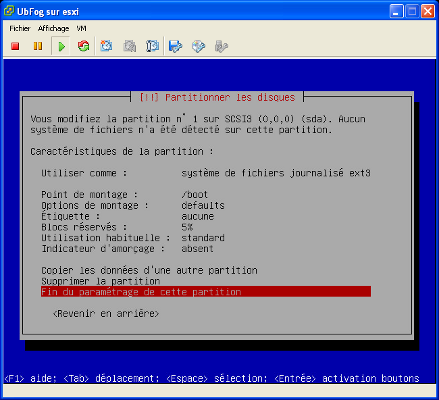 CentOS - Fenêtre Caractéristiques de la partition