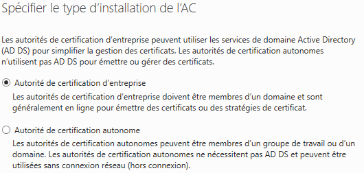 Type d'installation de l'AC