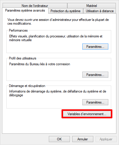 Paramètres système avancés Windows 8.x