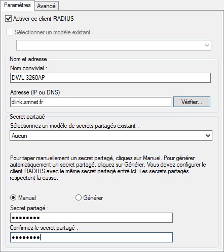 Activer un client RADIUS