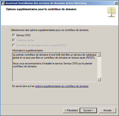 Options supplémentaires pour le contrôleur de domaine