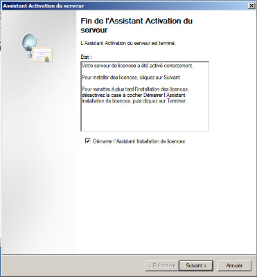 Fin de l'Assistant Activation du serveur