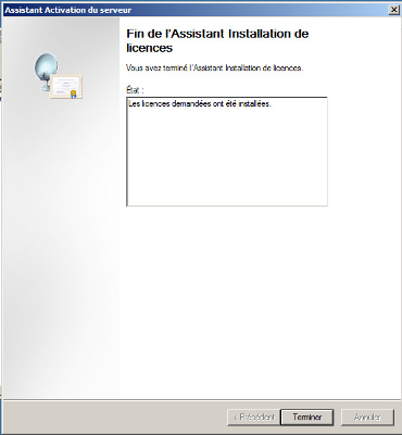 Fin de l'Assistant Installation de licences