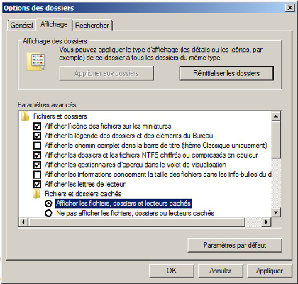 Ordinateur - Options des dossiers - Affichage