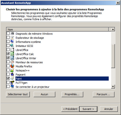 Assistant RemoteApp - Choix des programmes