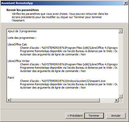 Assistant RemoteApp - Paramètres des programmes