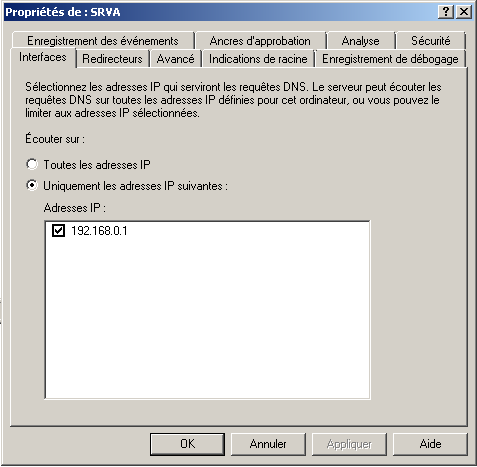 Serveur A Gestionnaire DNS Interfaces