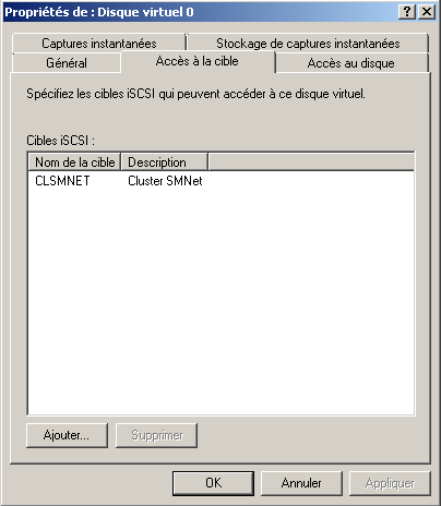 Serveur SAN Microsoft iSCSI Target Propriétés de Disque virtuel 0