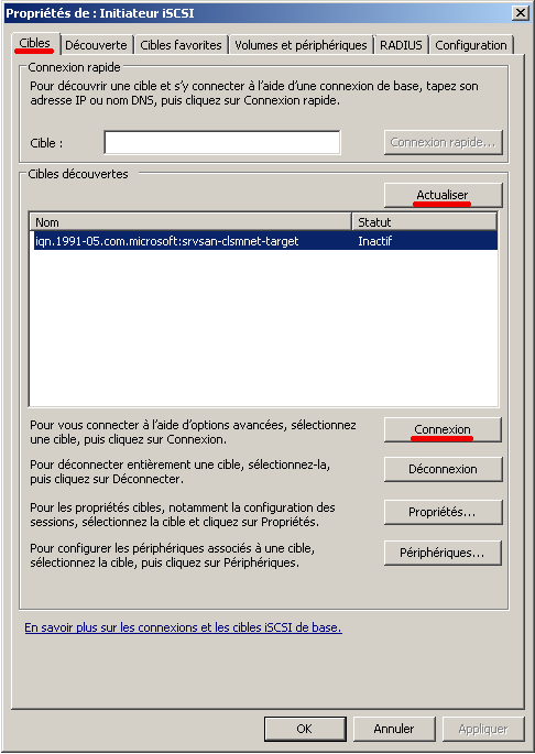 Serveur A Propriétés de Initiateur iSCSI