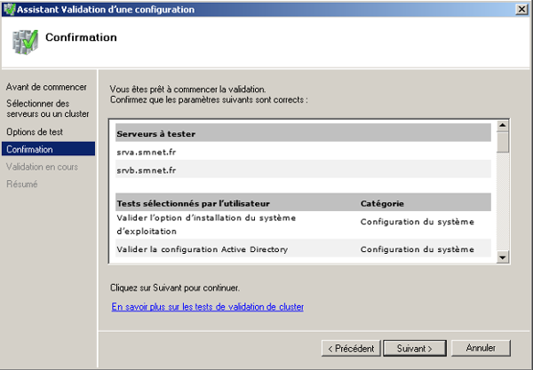 Serveurs A Assistant Validation d'une configuration Confirmation