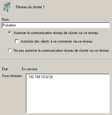 Serveurs A Réseau du Cluster 1 Pulsation