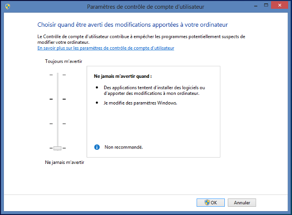 Windows 8 - Paramètres de contrôle de compte d'utilisateur