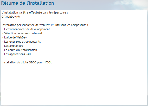 Installation de WebDev 19 - Résumé de l'installation