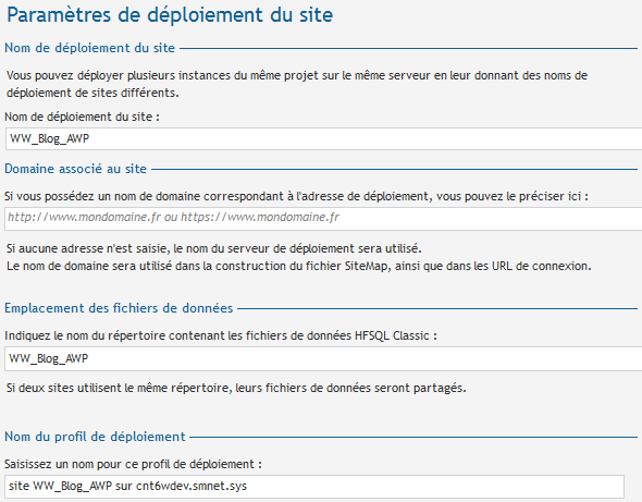 Paramètres de déploiement du site