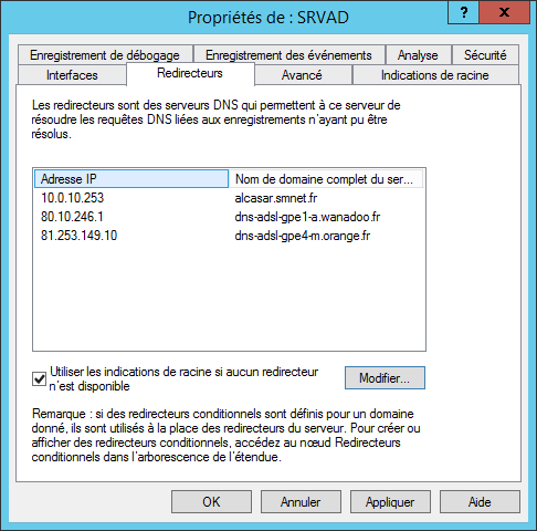 Windows Gestionnaire DNS DNS Propriétés