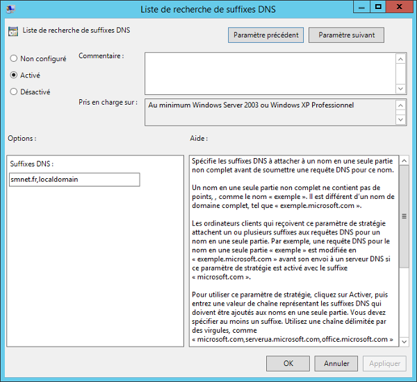 Stratégie Windows Client DNS