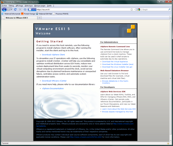 Fenêtre de bienvenue de VMware ESXi 5